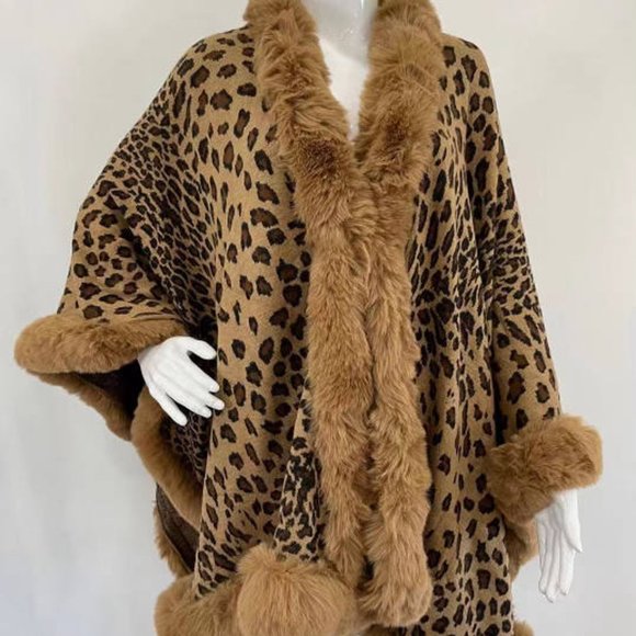 Leopard Faux Fur Shawl Cape Coat - Picture 1 of 2